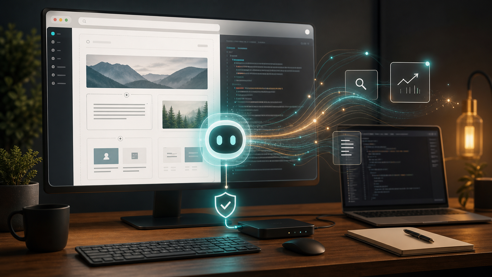 Abstrakte KI-Browsersteuerung an einem modernen Arbeitsplatz mit WordPress-Editor, Codefenster und sicherer lokaler Verbindung